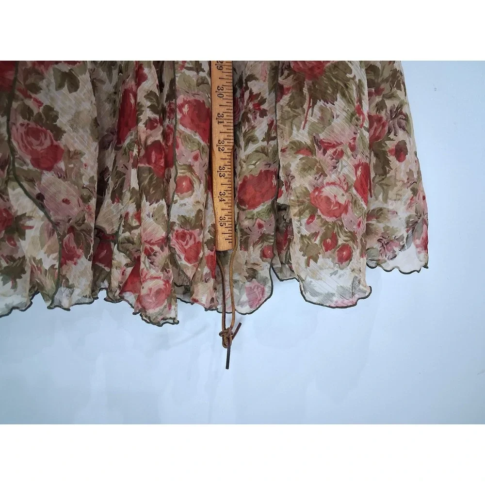 Zashi Floral Chiffon Godet Midi Skirt Pink Green Ruffle Hem Women Hippie Fairy L